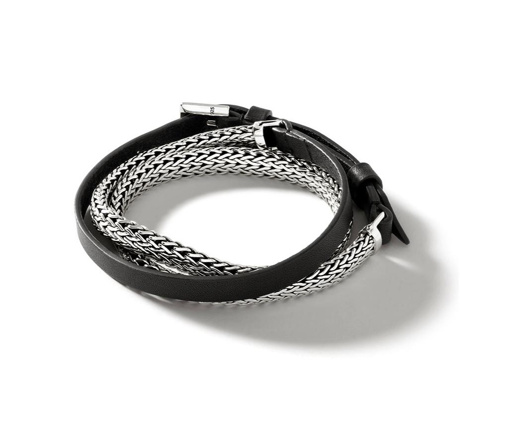 Classic Chain Leather Wrap Bracelet on Black Leather